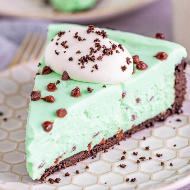 primer plano de una rebanada de pastel de queso con menta en un plato