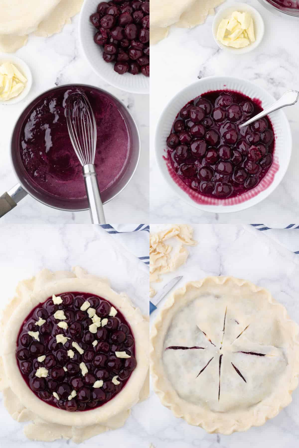 Cuatro fotos del proceso. Primero, jugo de cereza en una sartén. En segundo lugar, las cerezas se vierten en la sartén. Tercero, cerezas espesas en una base de tarta casera. En cuarto lugar, la masa de pastel superior colocada encima.