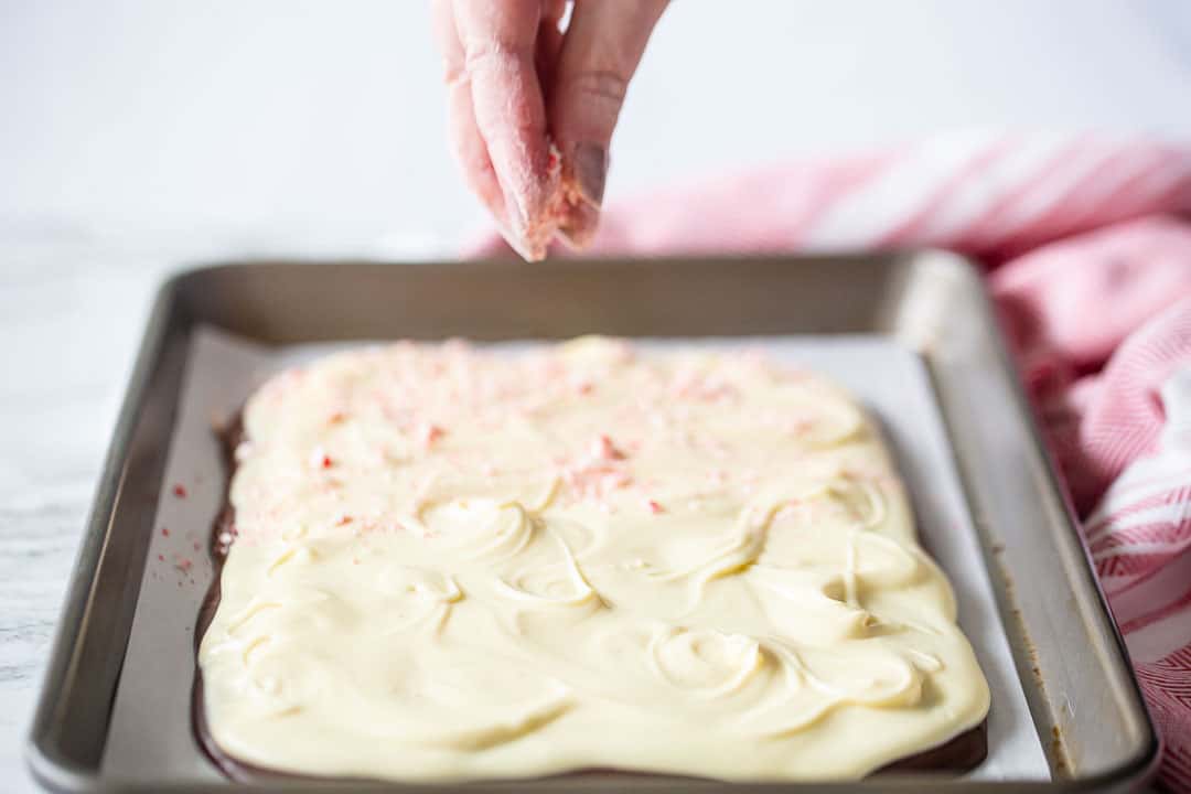 Espolvorea bastones de caramelo picados encima de la mejor receta de cáscara de menta.