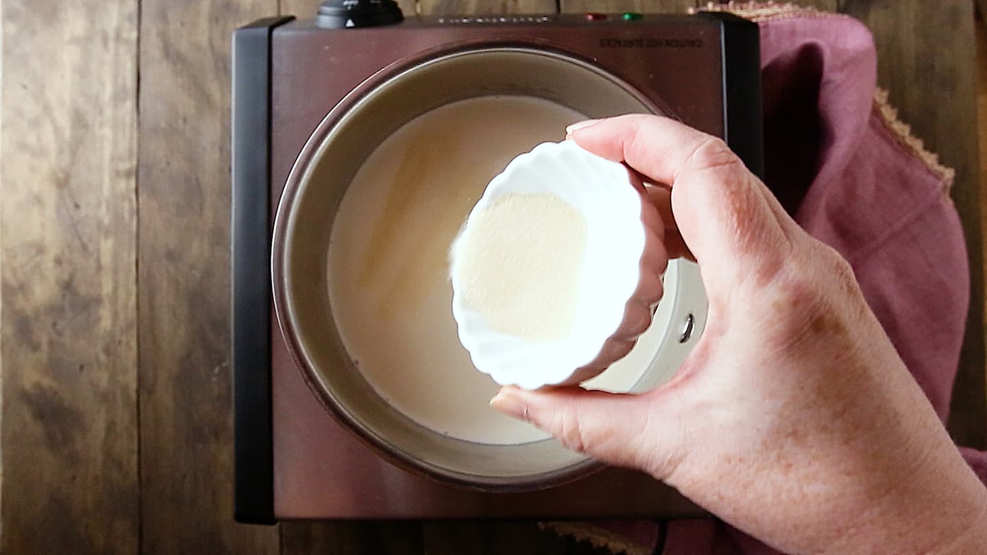 Preparación de la panna cotta: Espolvorear la gelatina sobre la leche y la nata.