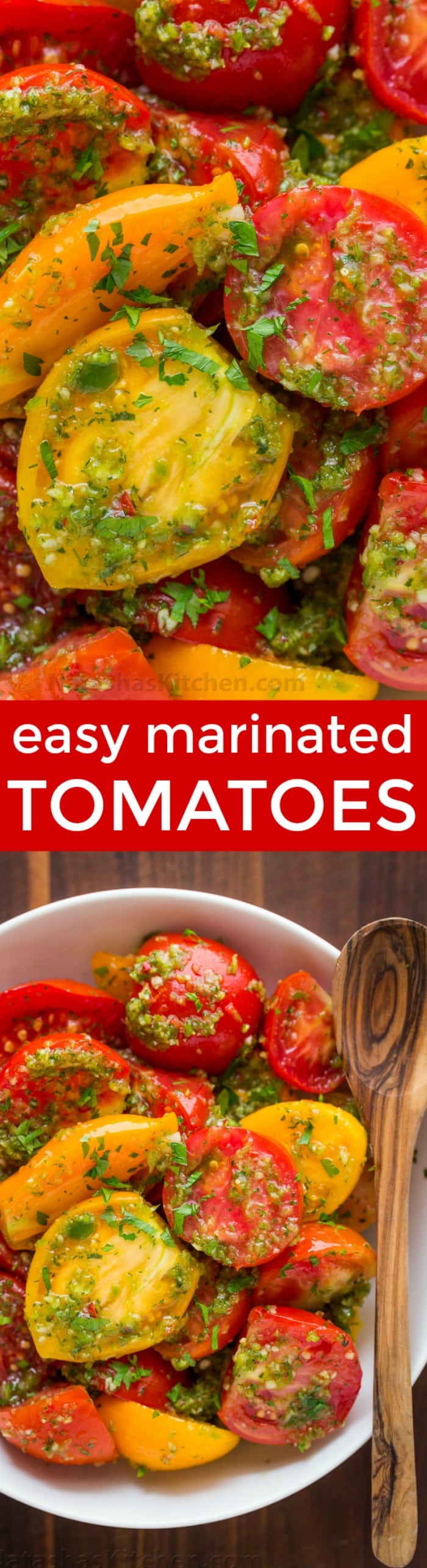 ¡Receta fácil de tomate marinado y con mucho sabor! ¡Hace que los tomates comprados en la tienda sepan mejor! Los tomates marinados se mantienen bien refrigerados hasta por 1 semana | natashacocina. con